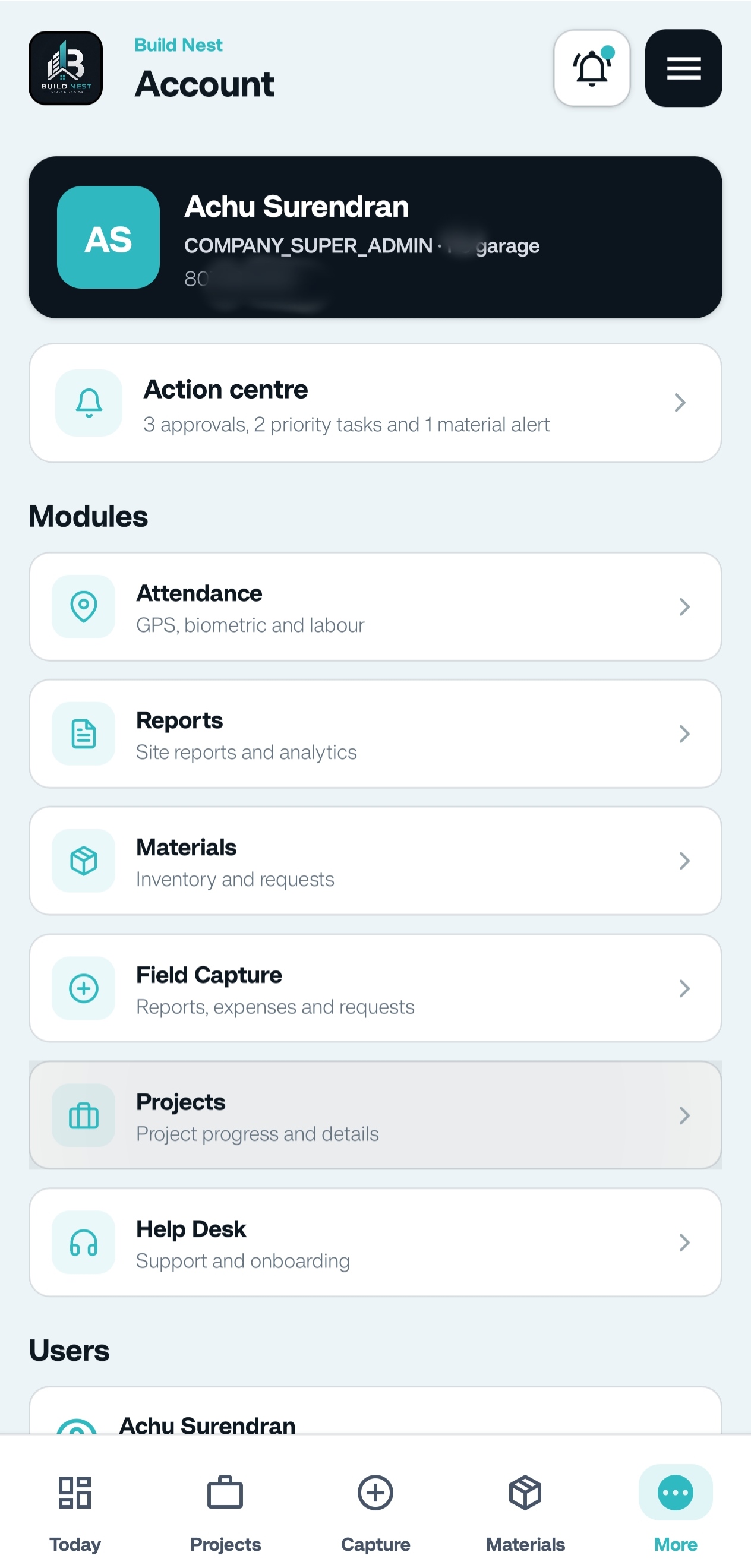 Account and modules mobile app screenshot