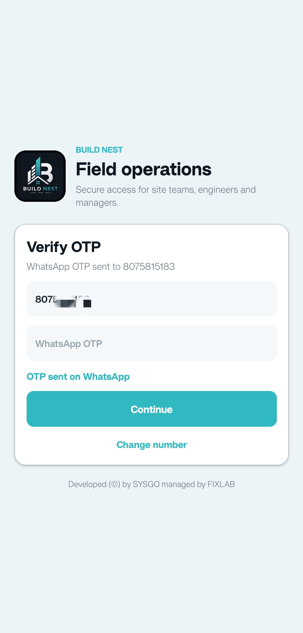 WhatsApp OTP mobile app screenshot